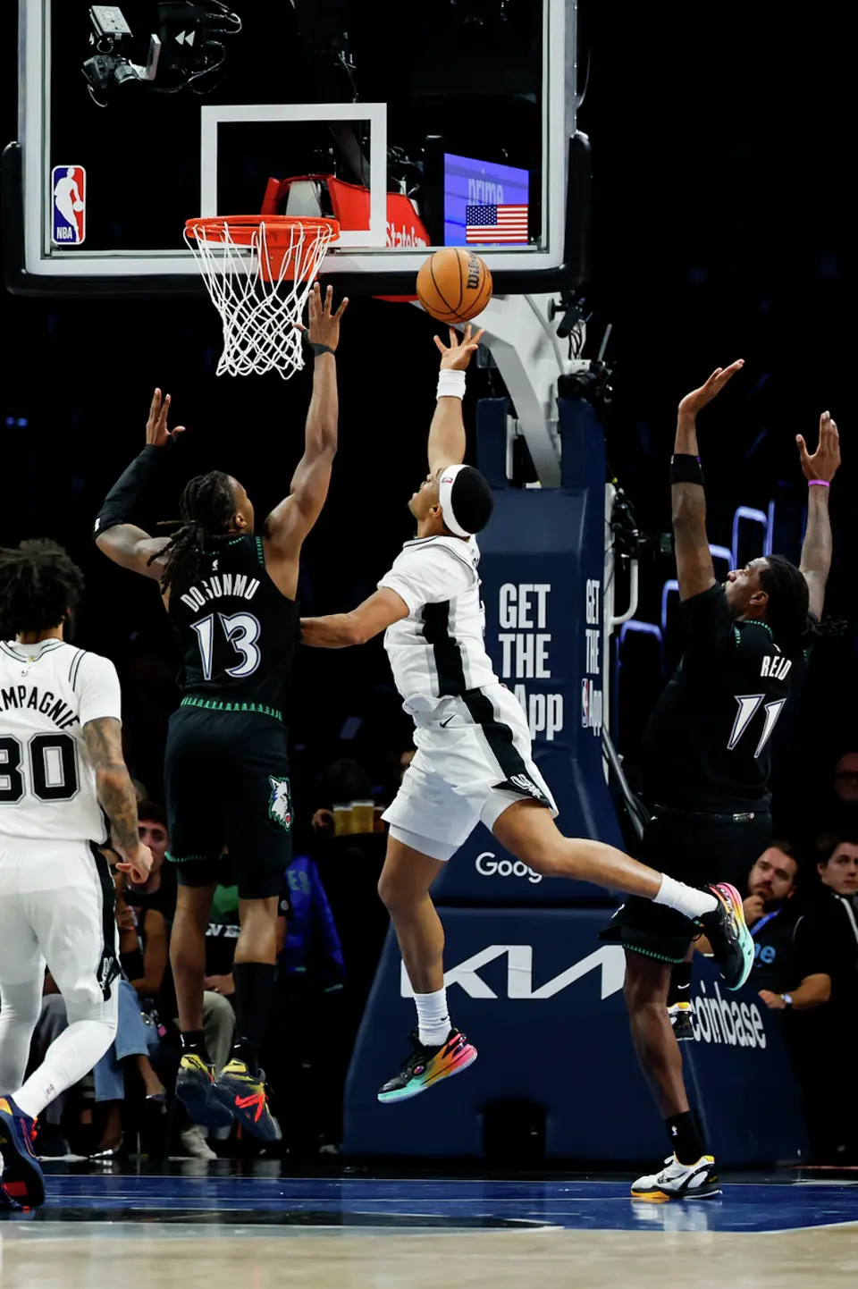San Antonio Spurs forward Keldon Johnson (3) goes for a lay up during the second half of Game 3 of the Western Conference semifinals at Target Center in Minneapolis, Friday, May 8, 2026. The Spurs defeated the Timberwolves 115-108, leading the series 2-1.