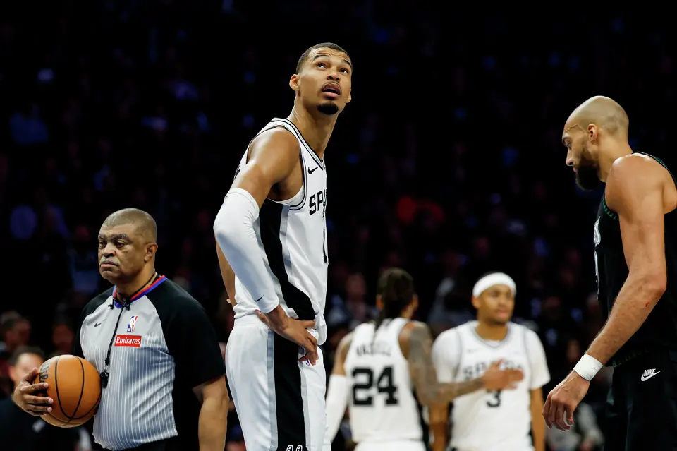San Antonio Spurs forward Victor Wembanyama (1) looks up during the second half of Game 3 of the Western Conference semifinals at Target Center in Minneapolis, Friday, May 8, 2026. The Spurs defeated the Timberwolves 115-108, leading the series 2-1.