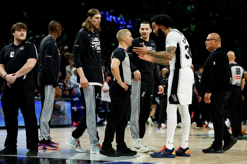 San Antonio Spurs forward Julian Champagnie (30) talks to the referee during the second half of Game 3 of the Western Conference semifinals at Target Center in Minneapolis, Friday, May 8, 2026. The Spurs defeated the Timberwolves 115-108, leading the series 2-1.
