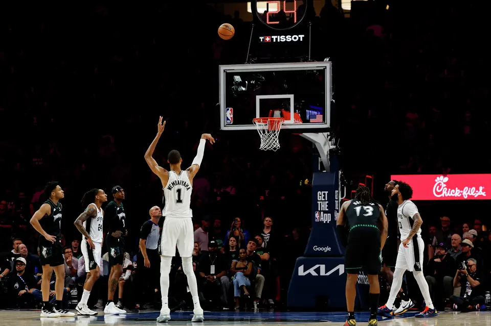 San Antonio Spurs forward Victor Wembanyama (1) shoots a free throw during the second half of Game 3 of the Western Conference semifinals at Target Center in Minneapolis, Friday, May 8, 2026. The Spurs defeated the Timberwolves 115-108, leading the series 2-1.