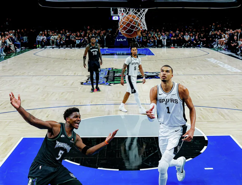 Minnesota Timberwolves guard Anthony Edwards (5) reacts after making a basket during the first half of Game 3 of the Western Conference semifinals against the San Antonio Spurs at Target Center in Minneapolis, Friday, May 8, 2026. The Spurs defeated the Timberwolves 115-108, leading the series 2-1.