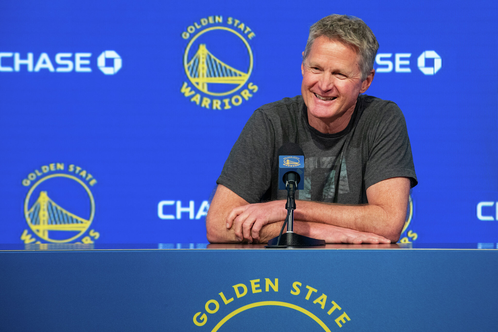 Golden State Warriors coach Steve Kerr addressing reporters in 2026