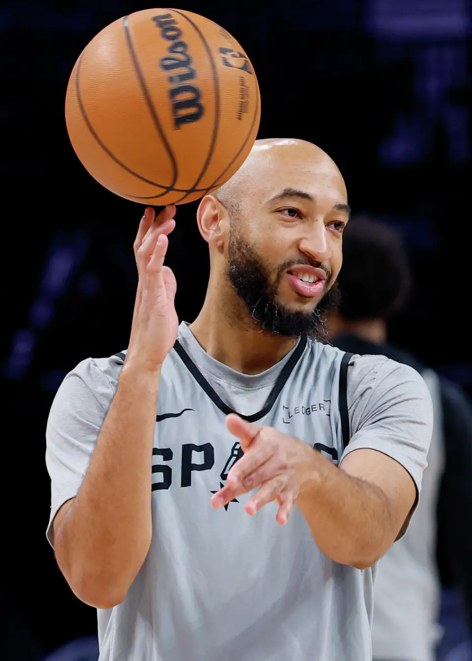 San Antonio Spurs guard Jordan McLaughlin (0) participates in shootaround with his teammates before Game 4 of the Western Conference semifinals against the Minnesota Timberwolves at Target Center in Minneapolis on Sunday, May 10, 2026. The Spurs lead the series 2-1.