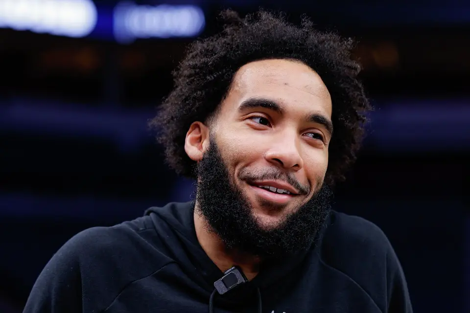 San Antonio Spurs forward Julian Champagnie answers questions from reporters during shootaround before Game 4 of the Western Conference semifinals against the Minnesota Timberwolves at Target Center in Minneapolis on Sunday, May 10, 2026. The Spurs lead the series 2-1.