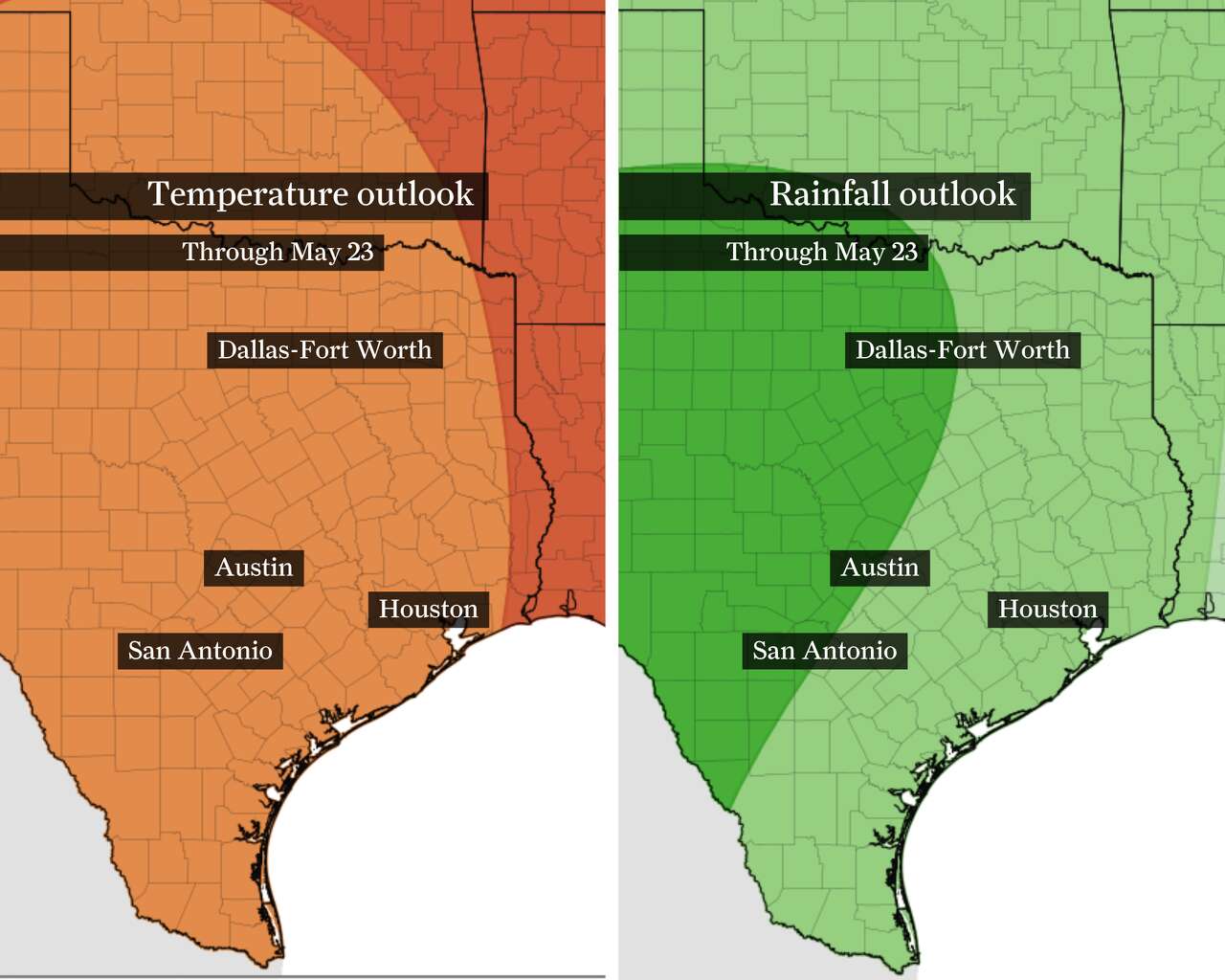 A warm and occasionally wet weather pattern is expected through mid-May, as shown by this NOAA Climate Prediction Center map of Texas. Above normal temperatures (orange) and rainfall (green) are expected.