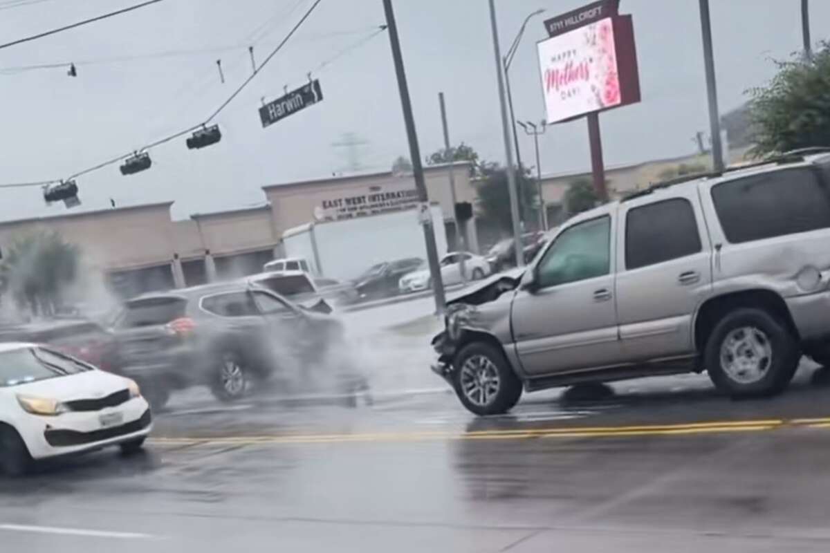 A screenshot from a TikTok video showing a car accident in Houston on May 8, 2026.