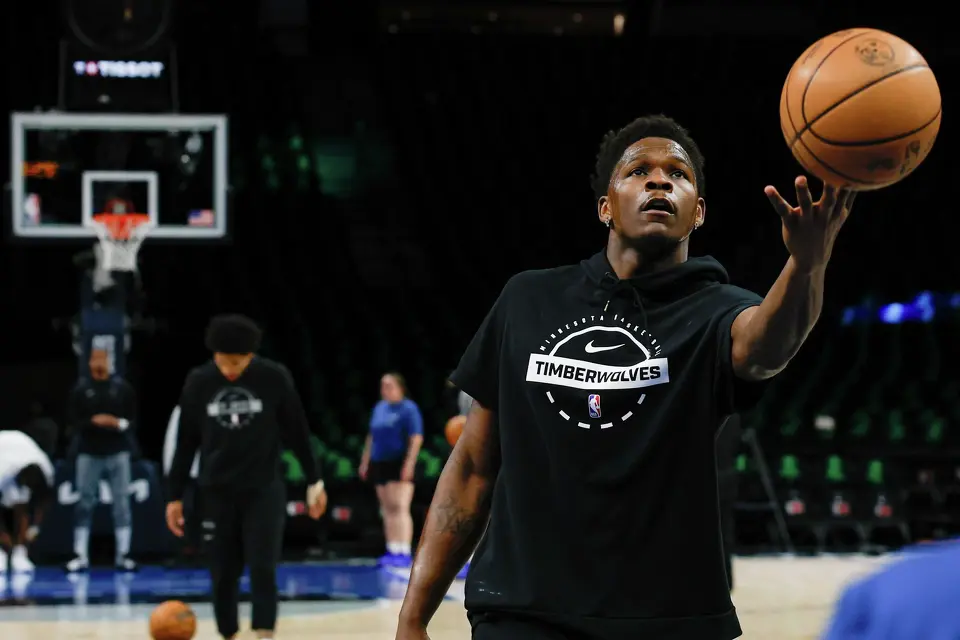 Minnesota Timberwolves guard Anthony Edwards warms up before Game 4 of the Western Conference semifinals against the San Antonio Spurs at Target Center in Minneapolis on Sunday, May 10, 2026.