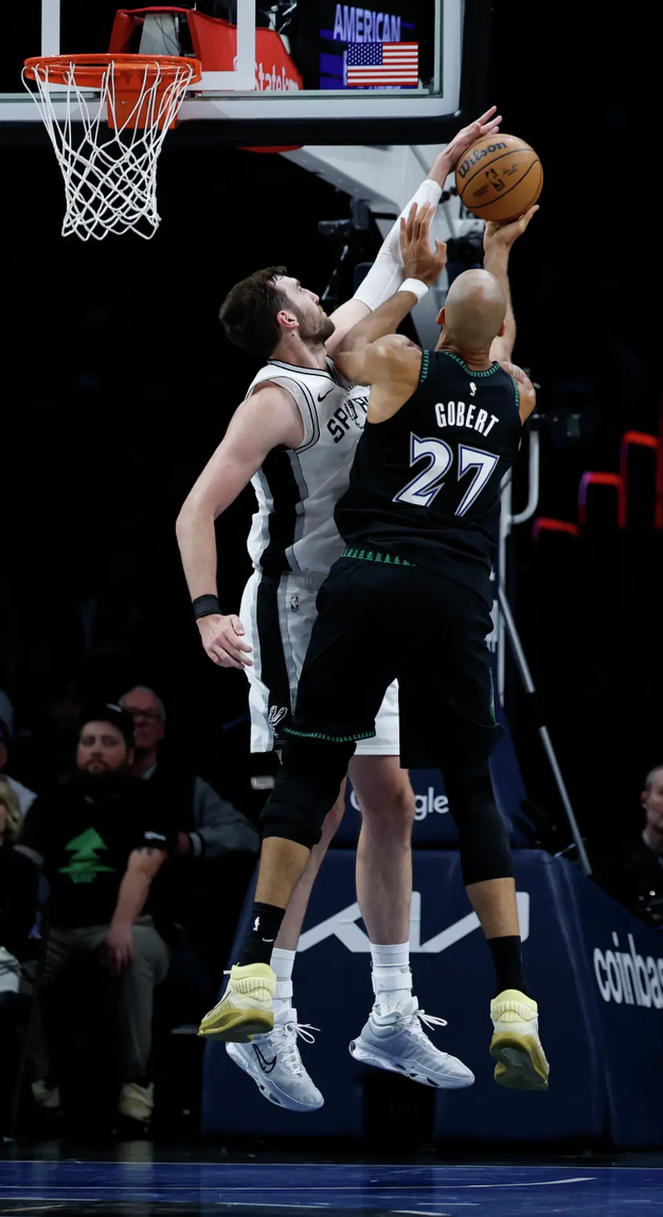 San Antonio Spurs center Luke Kornet (7) blocks a shot by Minnesota Timberwolves center Rudy Gobert (27) during the first half of Game 4 of the Western Conference semifinals at Target Center in Minneapolis on Sunday, May 10, 2026.
