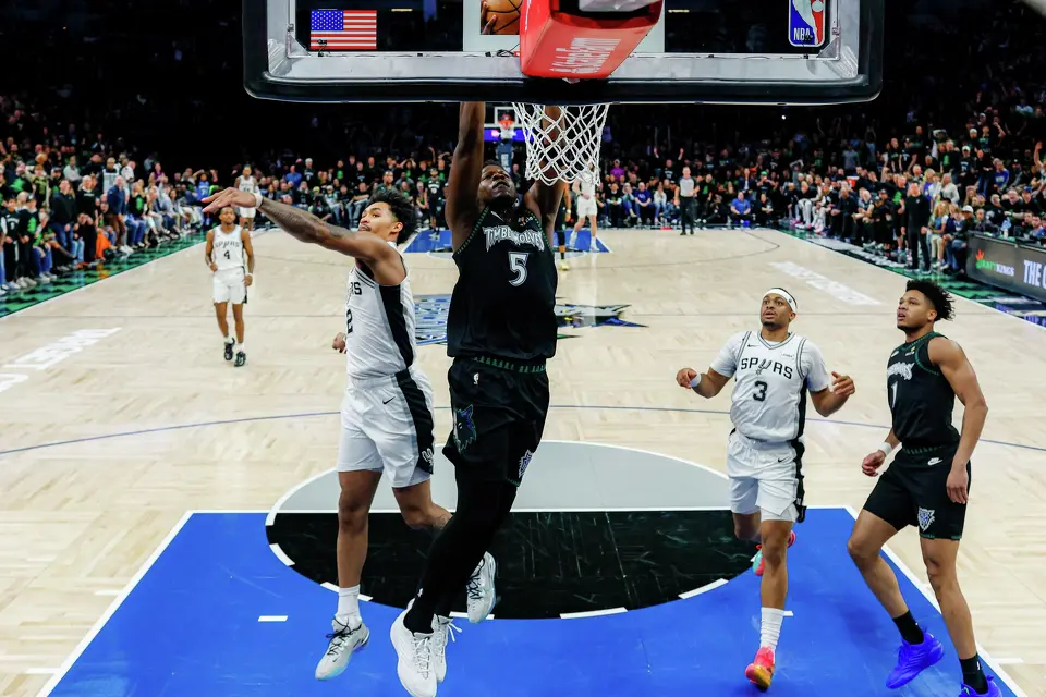 Minnesota Timberwolves guard Anthony Edwards (5) dunks on the San Antonio Spurs during Game 4 of the Western Conference semifinals at Target Center in Minneapolis on Sunday, May 10, 2026. The Spurs lost to the Timberwolves 114-109, tying the series at 2-2.