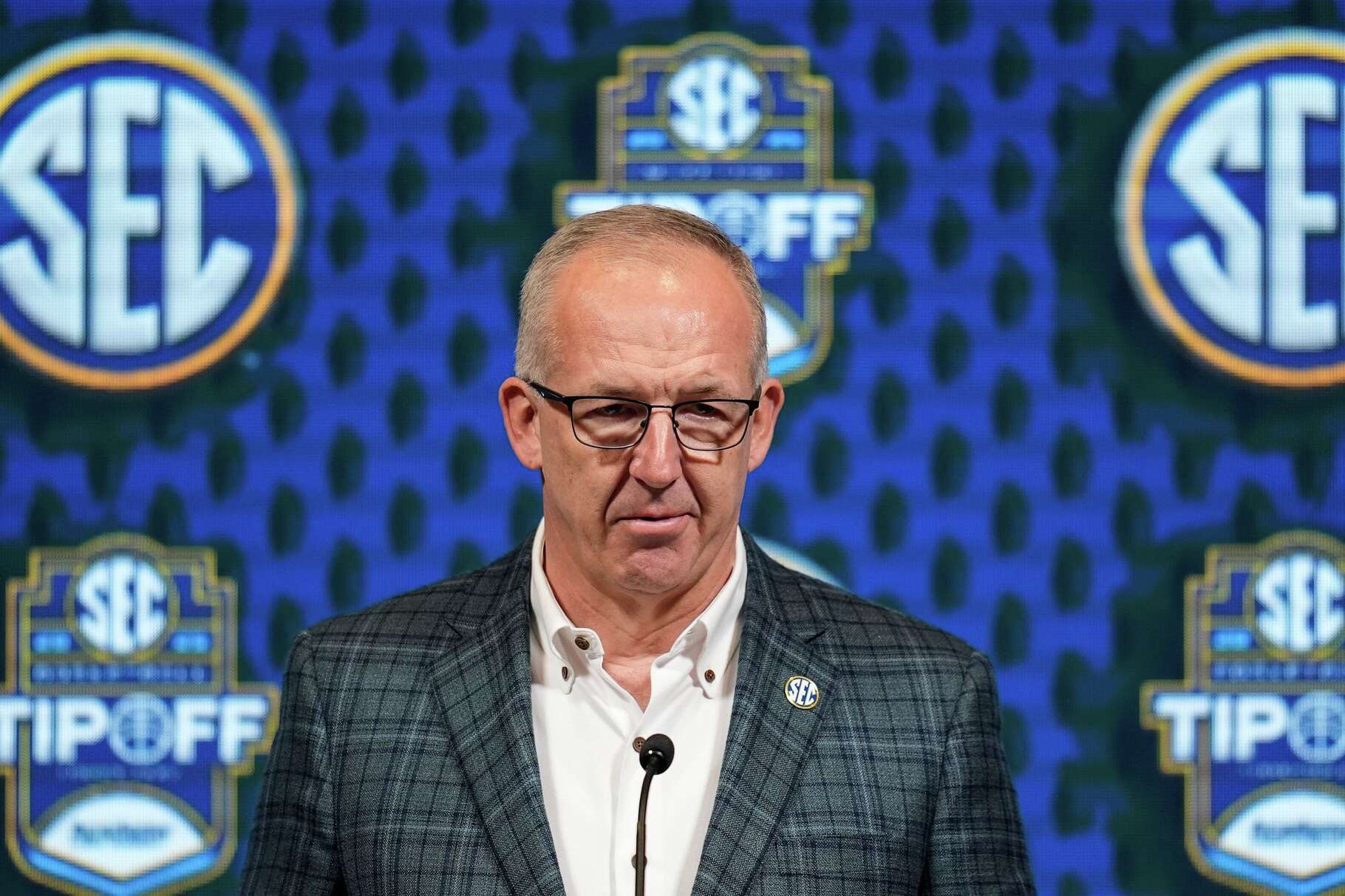 FILE - Greg Sankey, commissioner of the Southeastern Conference, speaks during NCAA college basketball women's SEC Media Day, Oct. 16, 2024, in Birmingham, Ala.