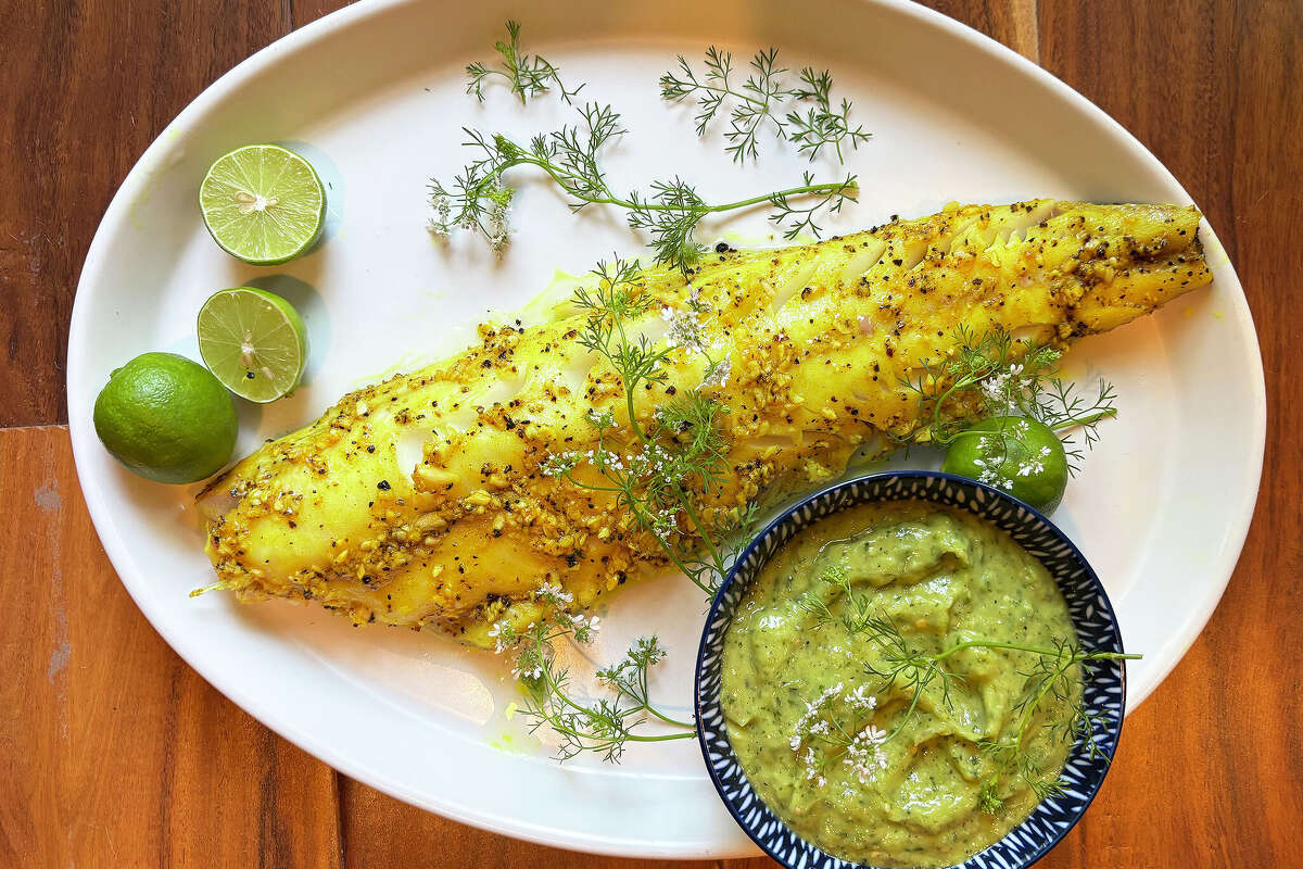 Roasted fish with tomatillo salsa from Anita Jaisinghani
