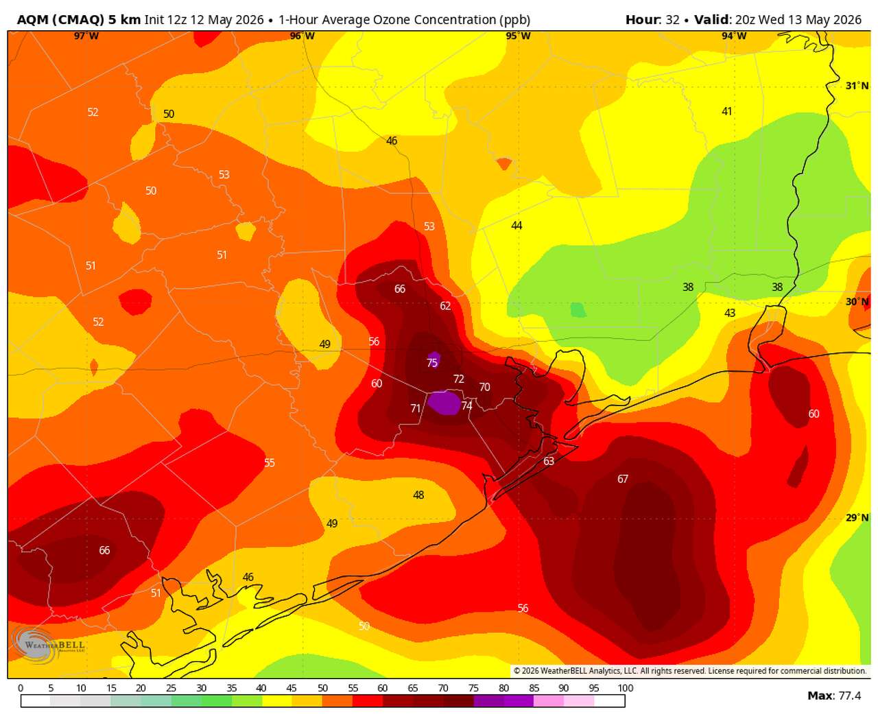 Forecast models show ozone concentrations peaking across parts of the Houston area Wednesday afternoon as light winds and near-90-degree heat allow pollution to build near the ground.