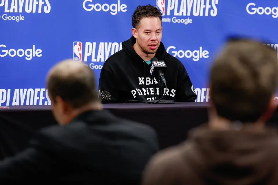 San Antonio Spurs head coach Mitch Johnson answers questions from reporters before Game 5 of the Western Conference semifinals at Frost Bank Center in San Antonio, Tuesday, May 12, 2026.
