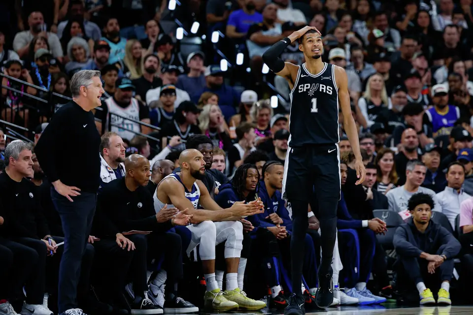 San Antonio Spurs forward Victor Wembanyama (1) reacts after missing a shot during the first half of Game 5 of the Western Conference semifinals against the Minnesota Timberwolves at Frost Bank Center in San Antonio, Tuesday, May 12, 2026.