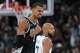 San Antonio Spurs forward Victor Wembanyama (1) reacts to a play against the Minnesota Timberwolves during the second half of Game 5 of an NBA basketball second-round playoffs series in Minneapolis, Tuesday, May 12, 2026.