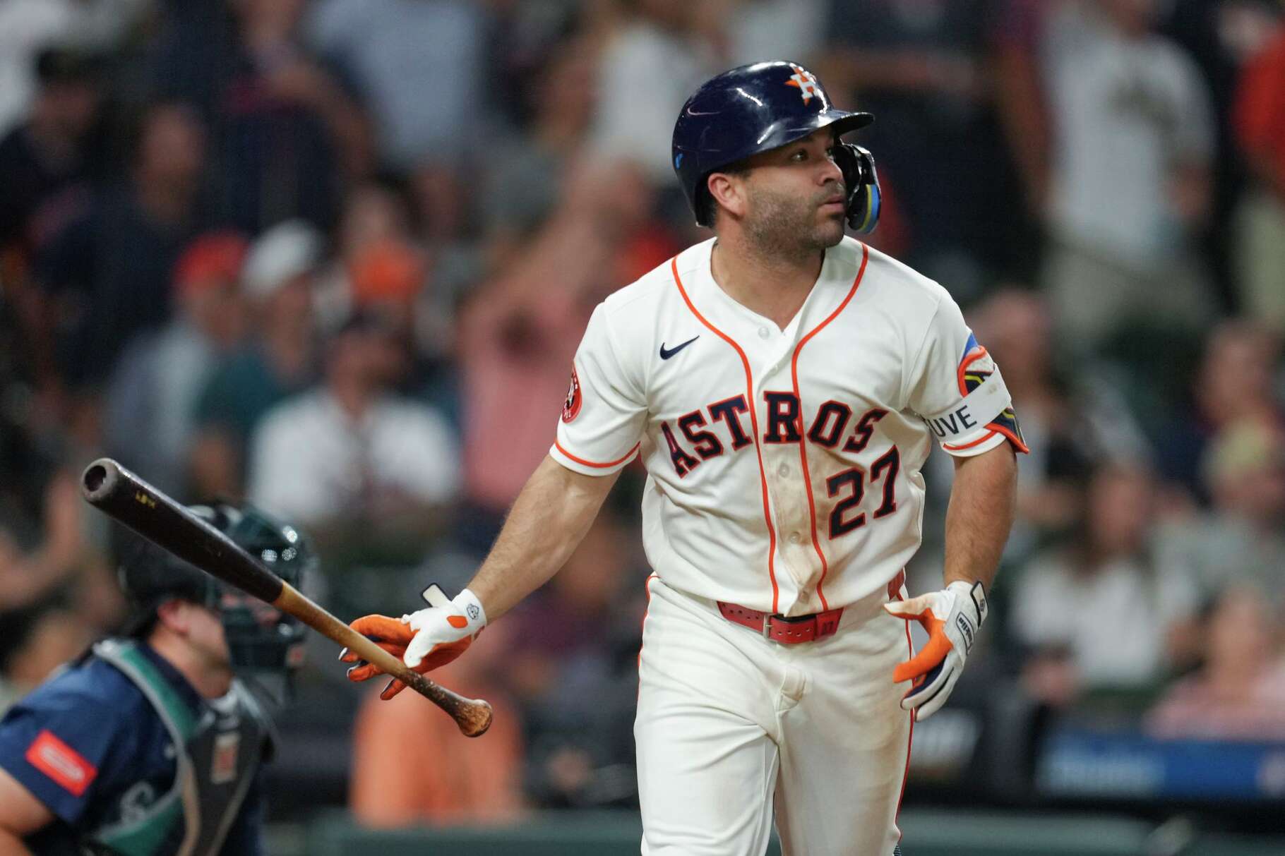Houston Astros Jose Altuve hits a sac-fly to score Brice Matthews and take a 3-1 lead during the eighth inning of an MLB baseball game on Wednesday, May 13, 2026.