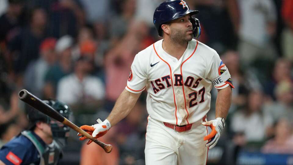 Houston Astros Jose Altuve hits a sac-fly to score Brice Matthews and take a 3-1 lead during the eighth inning of an MLB baseball game on Wednesday, May 13, 2026.