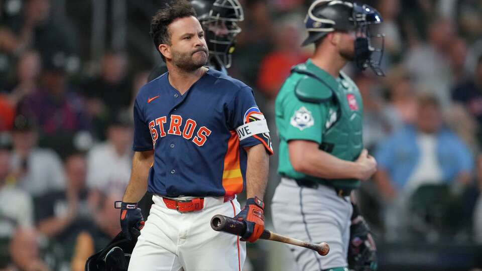 Houston Astros Jose Altuve (27) reacts after striking out during the third inning of an MLB baseball game on Thursday, May 14, 2026.