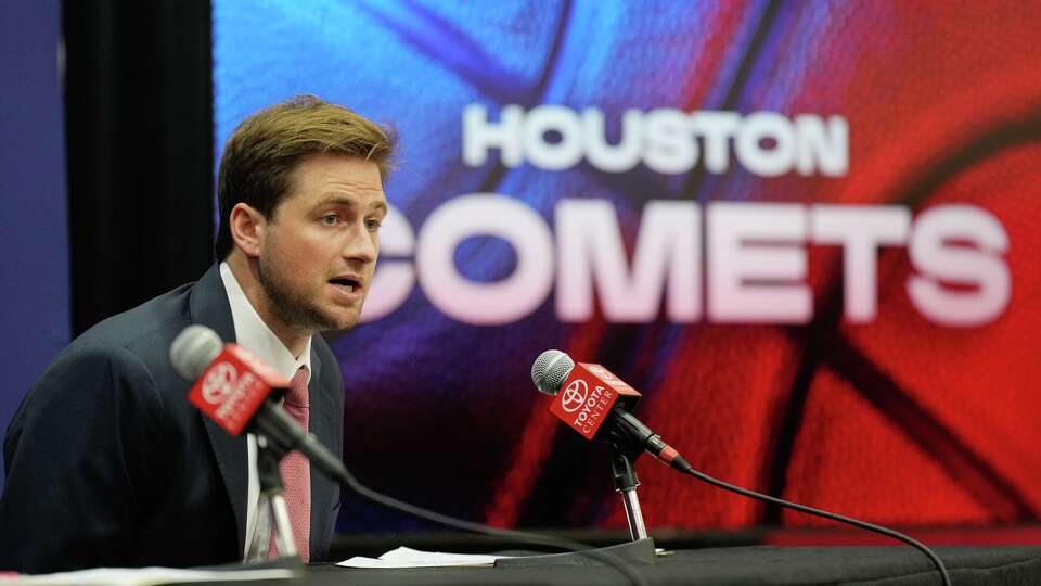 Patrick Fertitta, Houston Rockets Alternate Governor and Director of Fertitta Entertainment answers questions during a press conference regarding the return of the WNBA’s Houston Comets at the Toyota Center in Houston on Thursday, May 14, 2026.