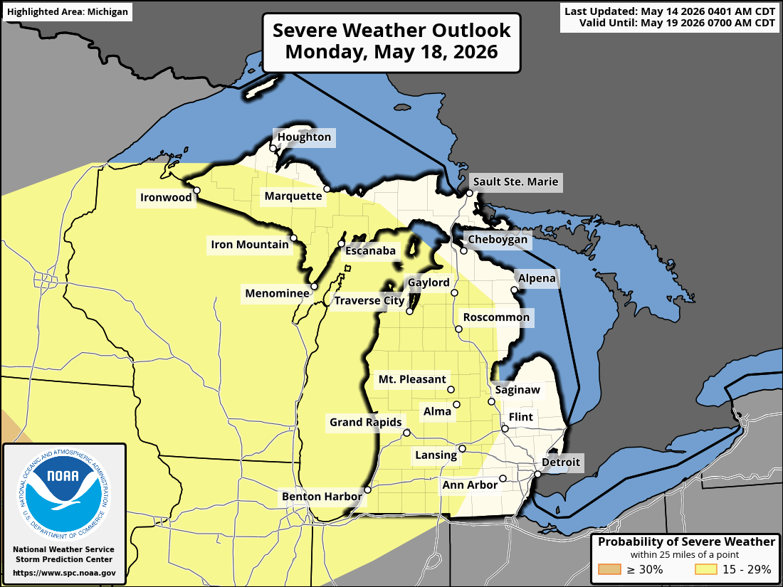 Severe weather highlighted for Michigan next Monday
