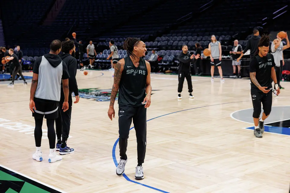San Antonio Spurs guard Devin Vassell participates in shootaround at Target Center in Minneapolis, Friday, May 15, 2026, as the Spurs prepare for game six of the Western Conference semifinals against the Minnesota Timberwolves.