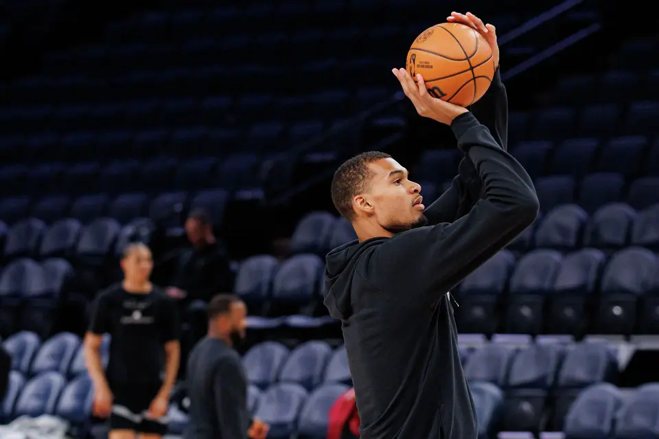 San Antonio Spurs forward Victor Wembanyama participates in shootaround at Target Center in Minneapolis, Friday, May 15, 2026, as the Spurs prepare for game six of the Western Conference semifinals against the Minnesota Timberwolves.