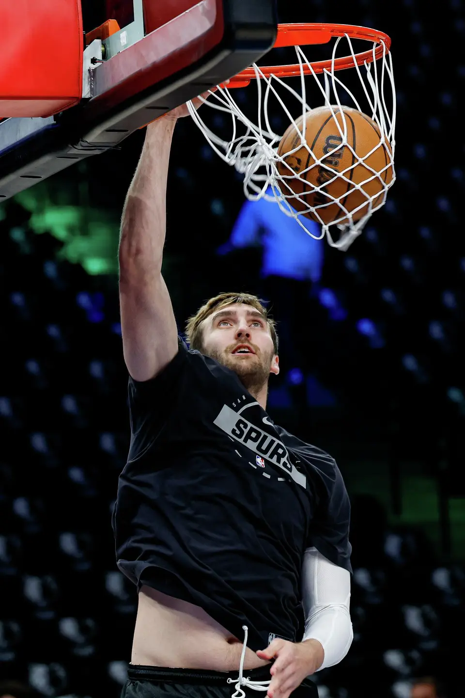 San Antonio Spurs center Luke Kornet warms up before Game 6 of the Western Conference semifinals against the Minnesota Timberwolves at Target Center in Minneapolis, Friday, May 15, 2026.