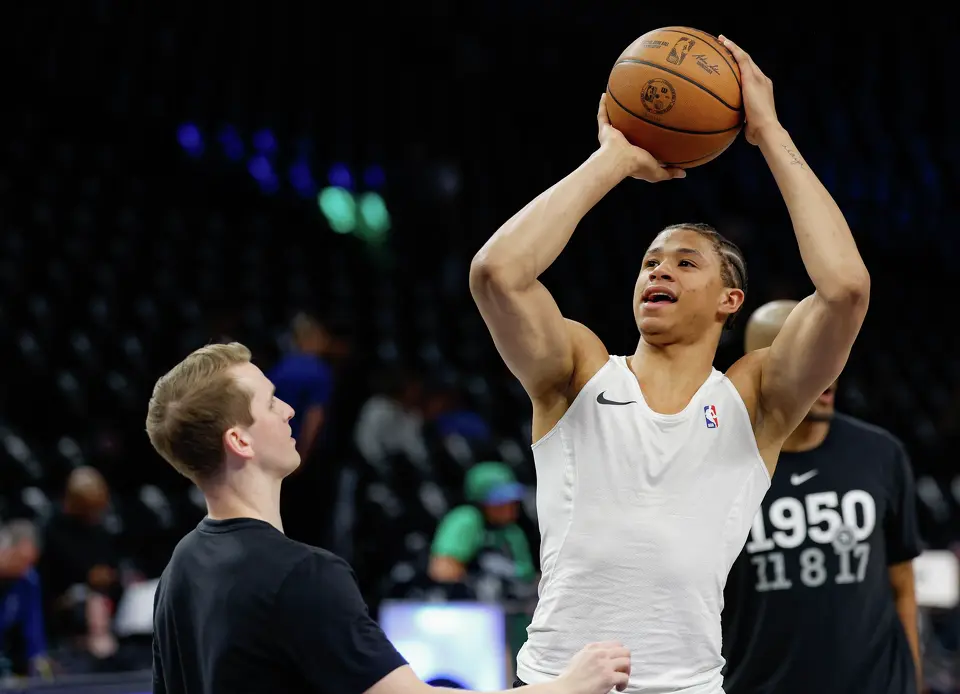 San Antonio Spurs forward Carter Bryant warms up before Game 6 of the Western Conference semifinals against the Minnesota Timberwolves at Target Center in Minneapolis, Friday, May 15, 2026.