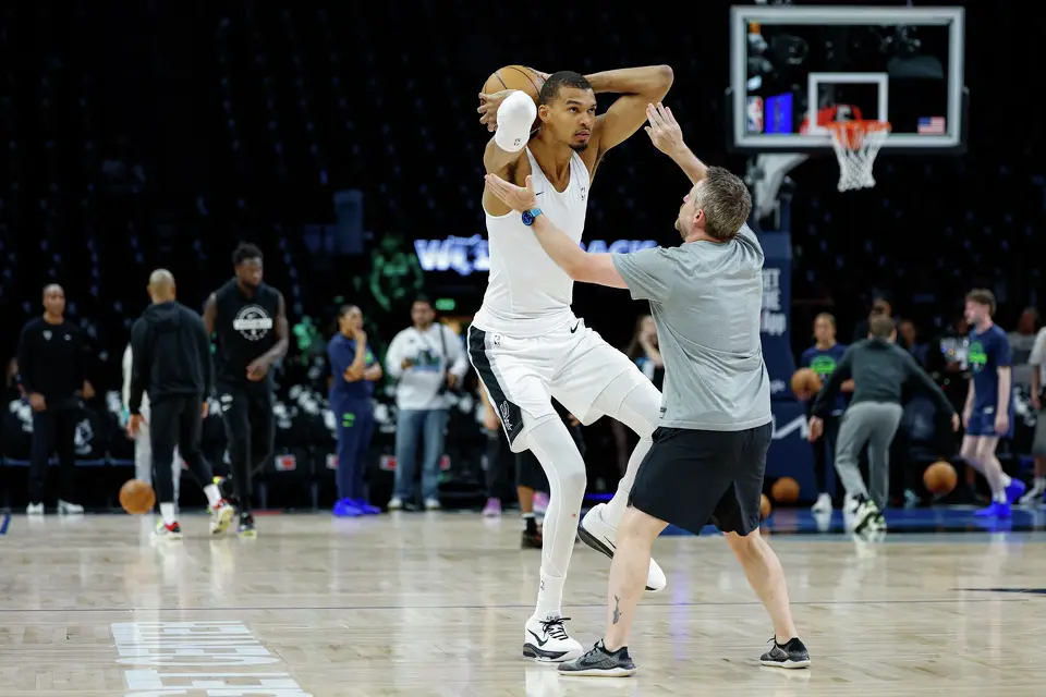 San Antonio Spurs forward Victor Wembanyama warms up before Game 6 of the Western Conference semifinals against the Minnesota Timberwolves at Target Center in Minneapolis, Friday, May 15, 2026.