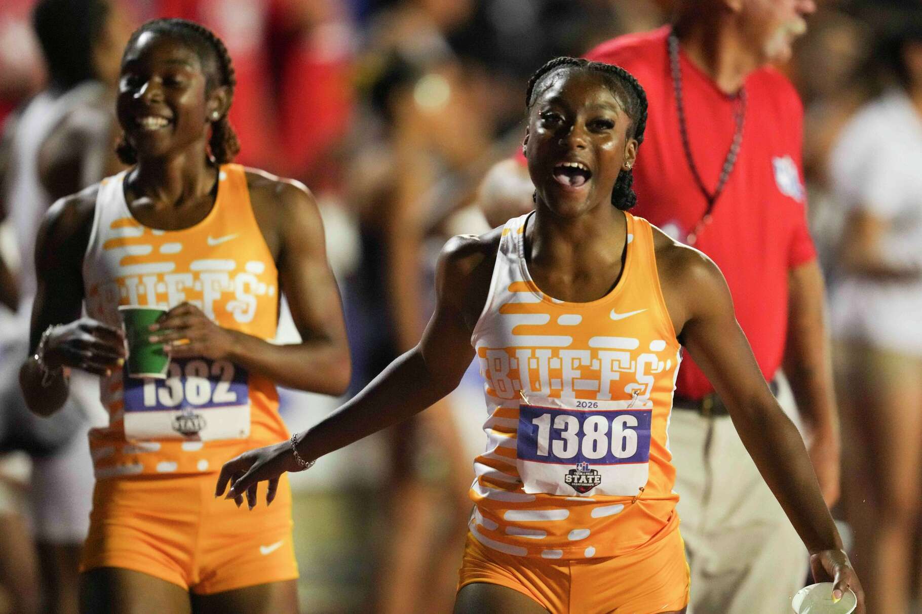 Fort Bend Marshall reacts after winning the Class 5A girls 1,600-meter relay during the UIL State Track and Field Championships in Austin, Friday, May 15, 2026.
