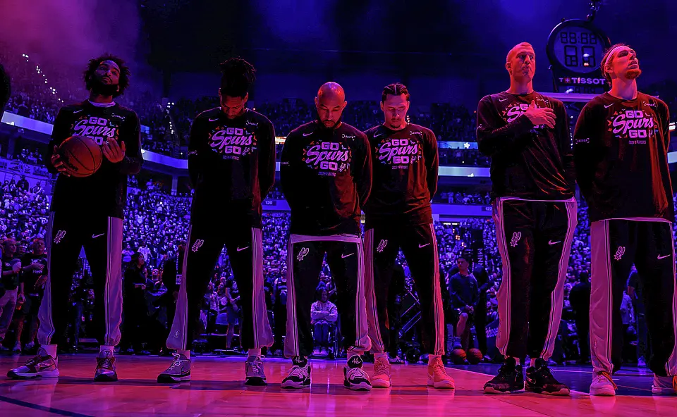 The San Antonio Spurs line up prior to the start ofGame 6 of the Western Conference semifinals at Target Center in Minneapolis, Friday, May 15, 2026.