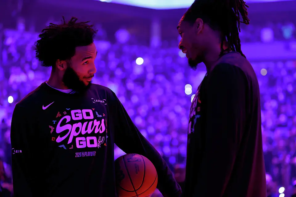 San Antonio Spurs forward Julian Champagnie (30), talks with Spurs guard Stephon Castle (5) before the start of Game 6 of the Western Conference semifinals at Target Center in Minneapolis, Friday, May 15, 2026.