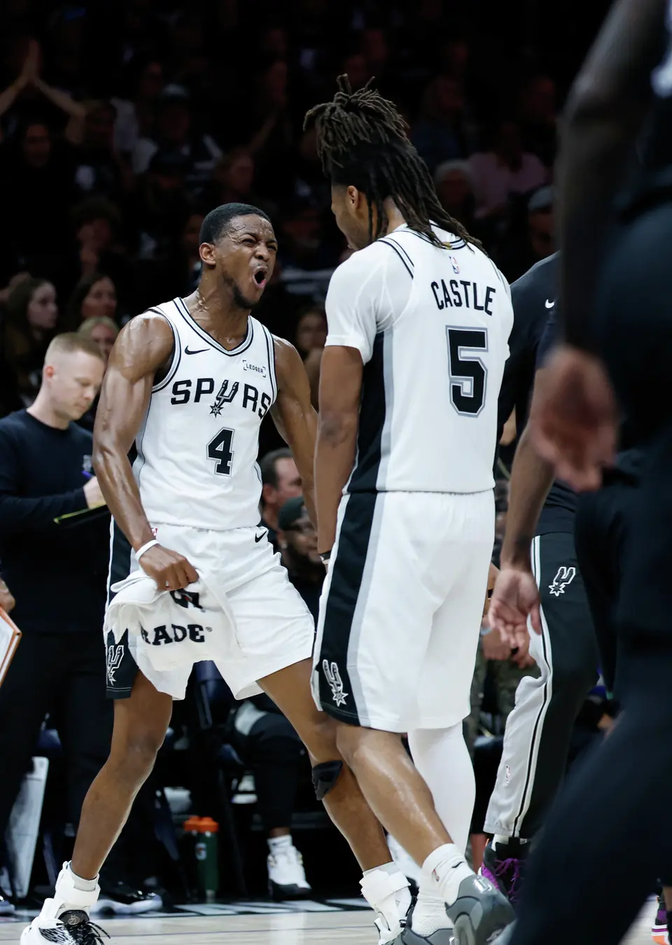 San Antonio Spurs guard De'Aaron Fox (4) and guard Stephon Castle (5) react after a timeout is called by Minnesota during the first half of Game 6 of the Western Conference semifinals at Target Center in Minneapolis, Friday, May 15, 2026.