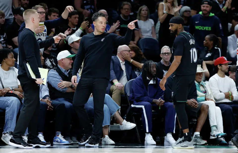 San Antonio Spurs head coach Mitch Johnson shouts instructions during the first half of Game 6 of the Western Conference semifinals at Target Center in Minneapolis, Friday, May 15, 2026.
