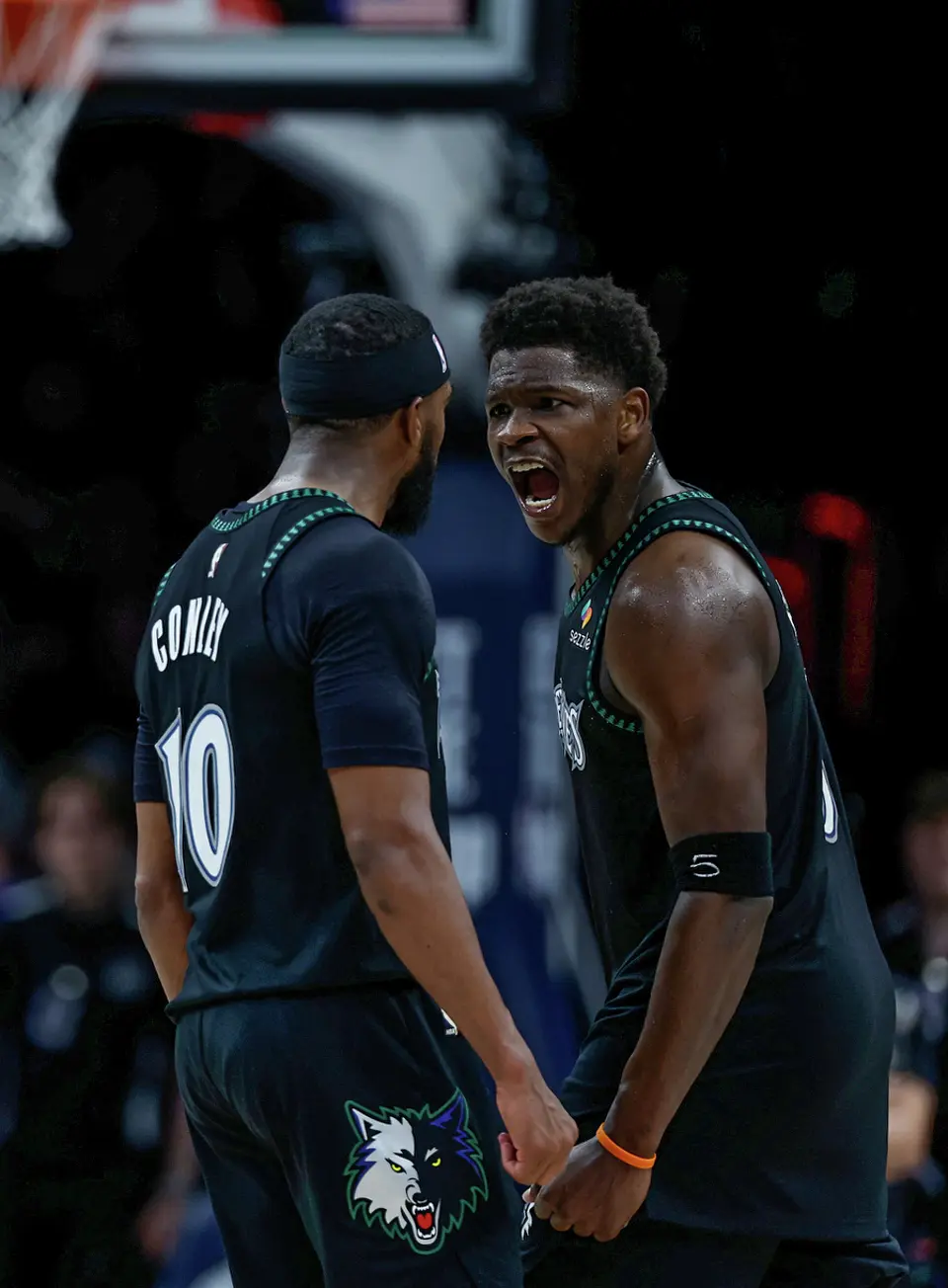 Minnesota Timberwolves guard Anthony Edwards (5) yells at Minnesota Timberwolves guard Mike Conley (10) during the first half of Game 6 of the Western Conference semifinals at Target Center in Minneapolis, Friday, May 15, 2026.