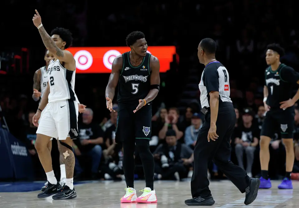 Minnesota Timberwolves guard Anthony Edwards (5) pleads his case to referee James Capers (19) during the first half of Game 6 of the Western Conference semifinals at Target Center in Minneapolis, Friday, May 15, 2026.