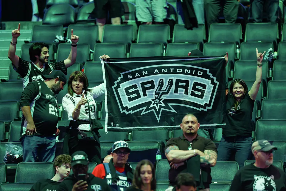 San Antonio Spurs fans cheer as the Spurs defeat the Timberwolves 139-109 in Game 6 of the Western Conference semifinals at Target Center in Minneapolis, Friday, May 15, 2026. The Spurs will advance to the Western Conference Finals to face the Oklahoma City Thunder.
