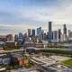 The downtown Houston skyline. A major pharmaceutical company is eyeing space northeast of the city for a potential site.
