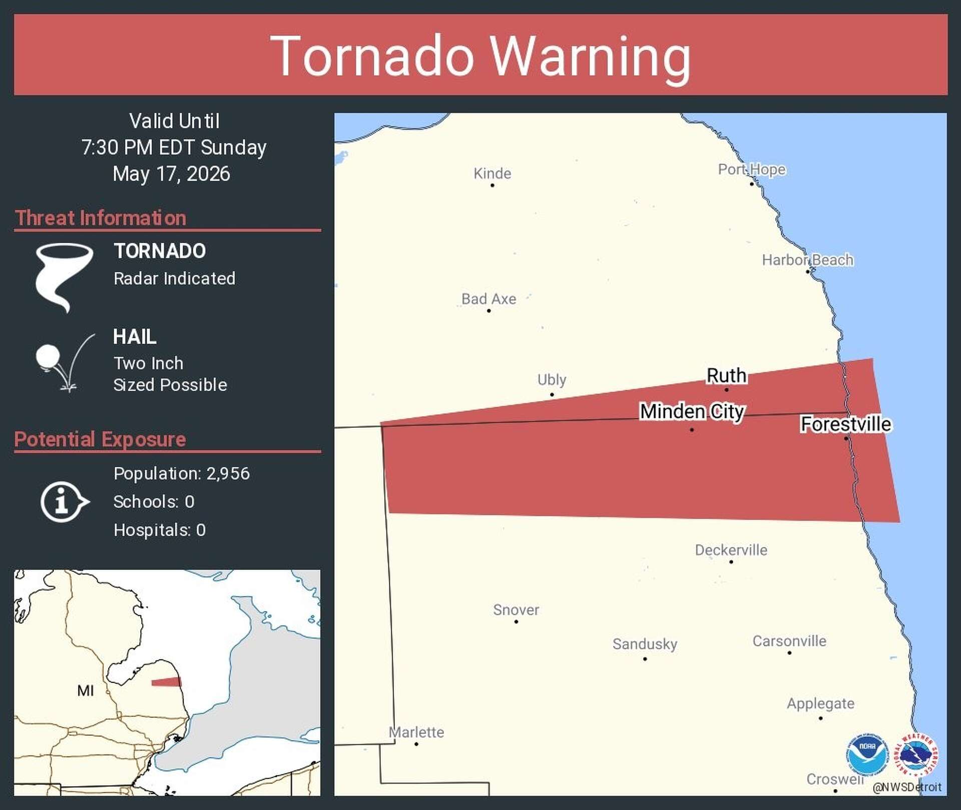 Tornado warning issued for Huron and Sanilac County