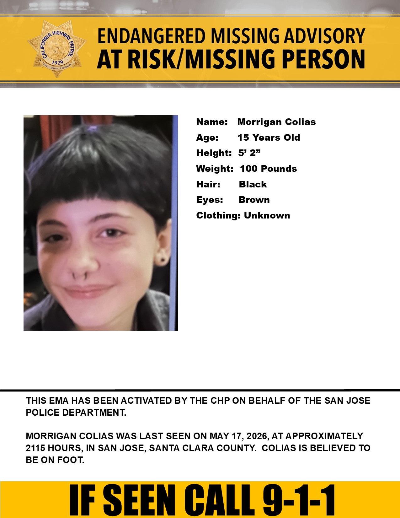 CHP issues advisory for missing teen girl last seen in San Jose