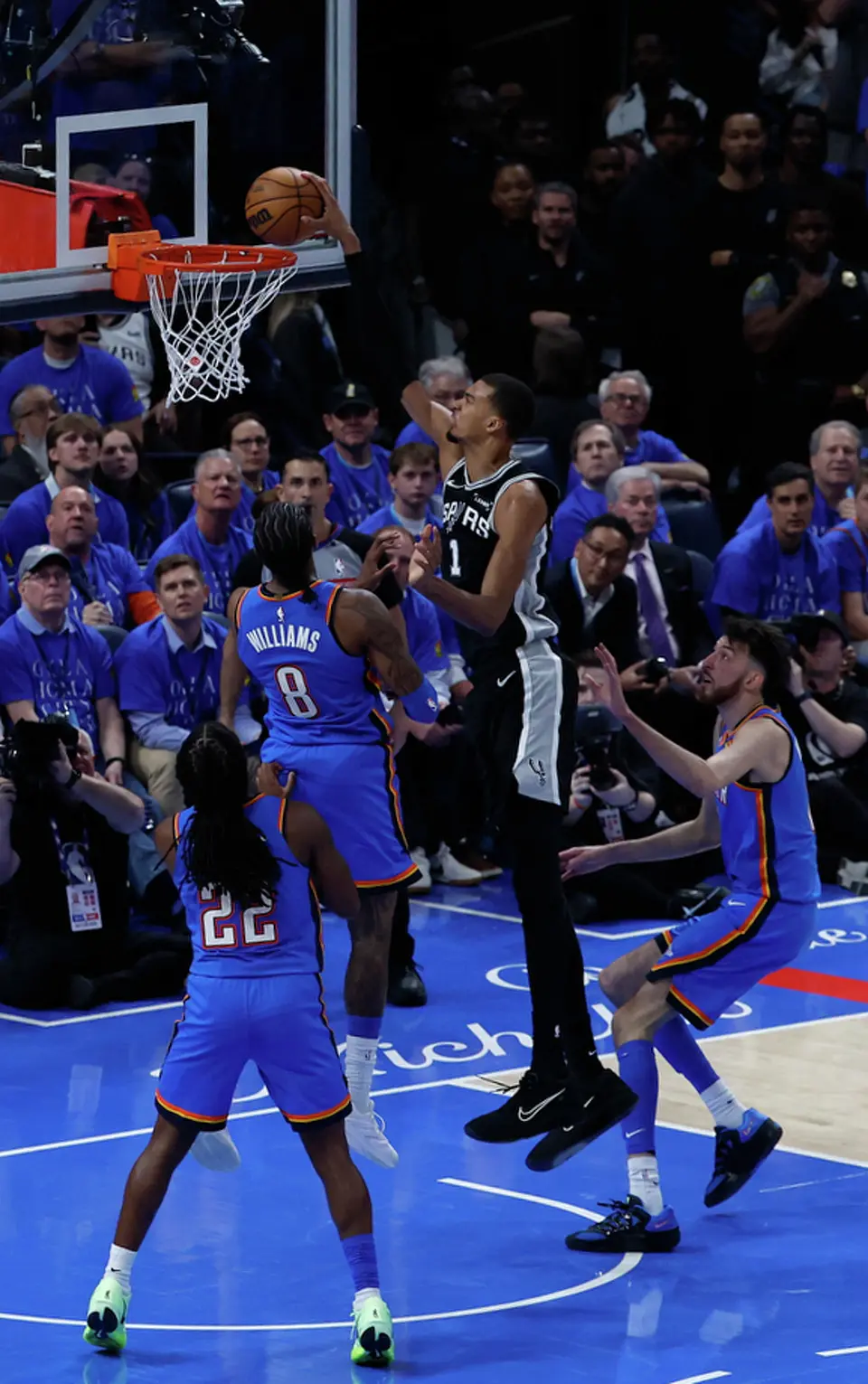 during the first half of Game 1 of the Western Conference Finals at Paycom Center in Oklahoma City, Monday, May 18, 2026.