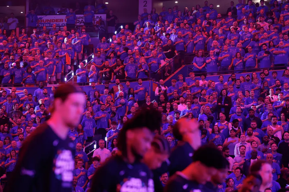 NBA fans say the Pledge of Allegiance before Game 1 of the Western Conference Finals between the Oklahoma City Thunder and the San Antonio Spurs at Paycom Center in Oklahoma City, Monday, May 18, 2026.