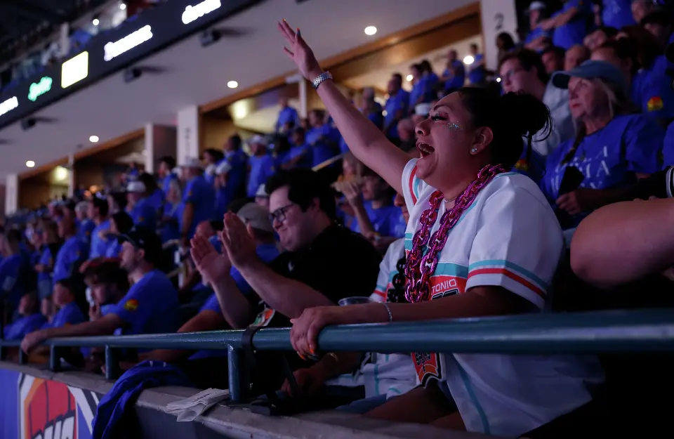 A San Antonio Spurs fan cheers on her team during the first half of Game 1 of the Western Conference Finals at Paycom Center in Oklahoma City, Monday, May 18, 2026.