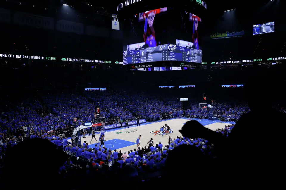 Fans cheer on San Antonio and Oklahoma City during the first half of Game 1 of the Western Conference Finals at Paycom Center in Oklahoma City, Monday, May 18, 2026.