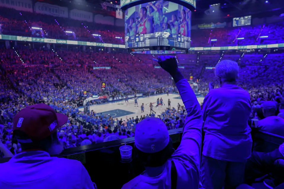 Fans cheer on the San Antonio Spurs and Oklahoma City Thunder during the first half of Game 1 of the Western Conference Finals at Paycom Center in Oklahoma City, Monday, May 18, 2026.