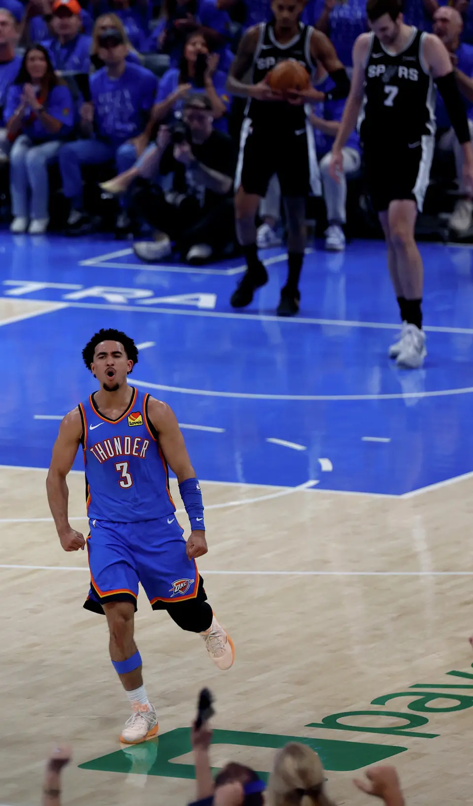 during the first half of Game 1 of the Western Conference Finals at Paycom Center in Oklahoma City, Monday, May 18, 2026.