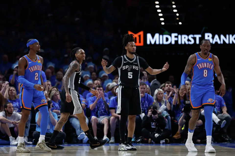 San Antonio Spurs guard Stephon Castle (5) looks for the referee to call a foul during the third quarter of Game 1 of the Western Conference Finals at Paycom Center in Oklahoma City, Monday, May 18, 2026.