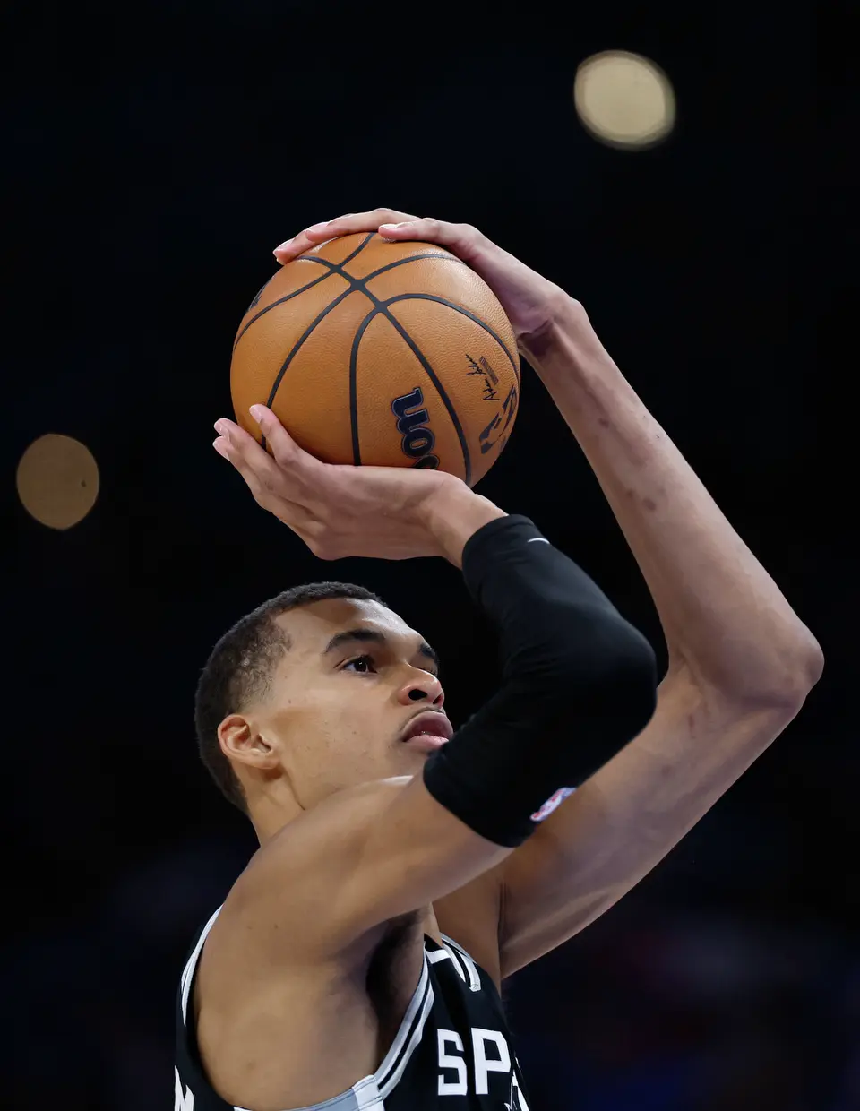 San Antonio Spurs forward Victor Wembanyama (1) shoots a free throw after being fouled during the third quarter of Game 1 of the Western Conference Finals at Paycom Center in Oklahoma City, Monday, May 18, 2026.