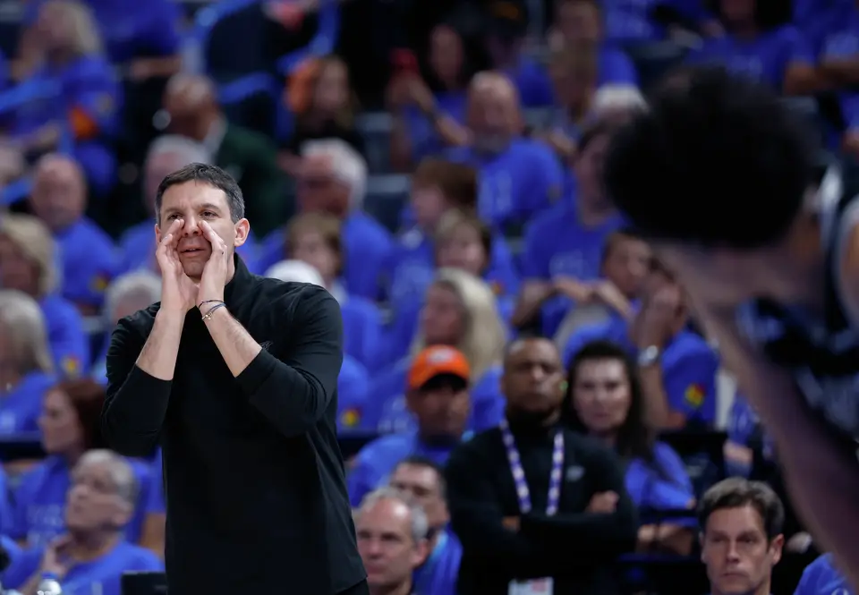 Oklahoma City Thunder head coach Mark Daigneault yells instructions to his team during the third quarter of Game 1 of the Western Conference Finals at Paycom Center in Oklahoma City, Monday, May 18, 2026.