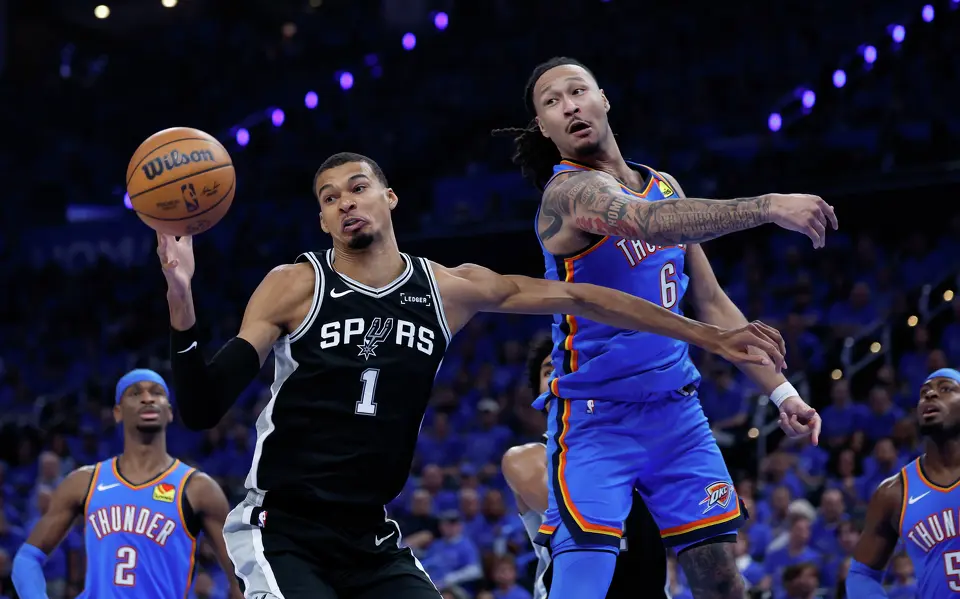 San Antonio Spurs forward Victor Wembanyama (1)pulls down the rebound over Oklahoma City Thunder forward Jaylin Williams (6) during the third quarter of Game 1 of the Western Conference Finals at Paycom Center in Oklahoma City, Monday, May 18, 2026.